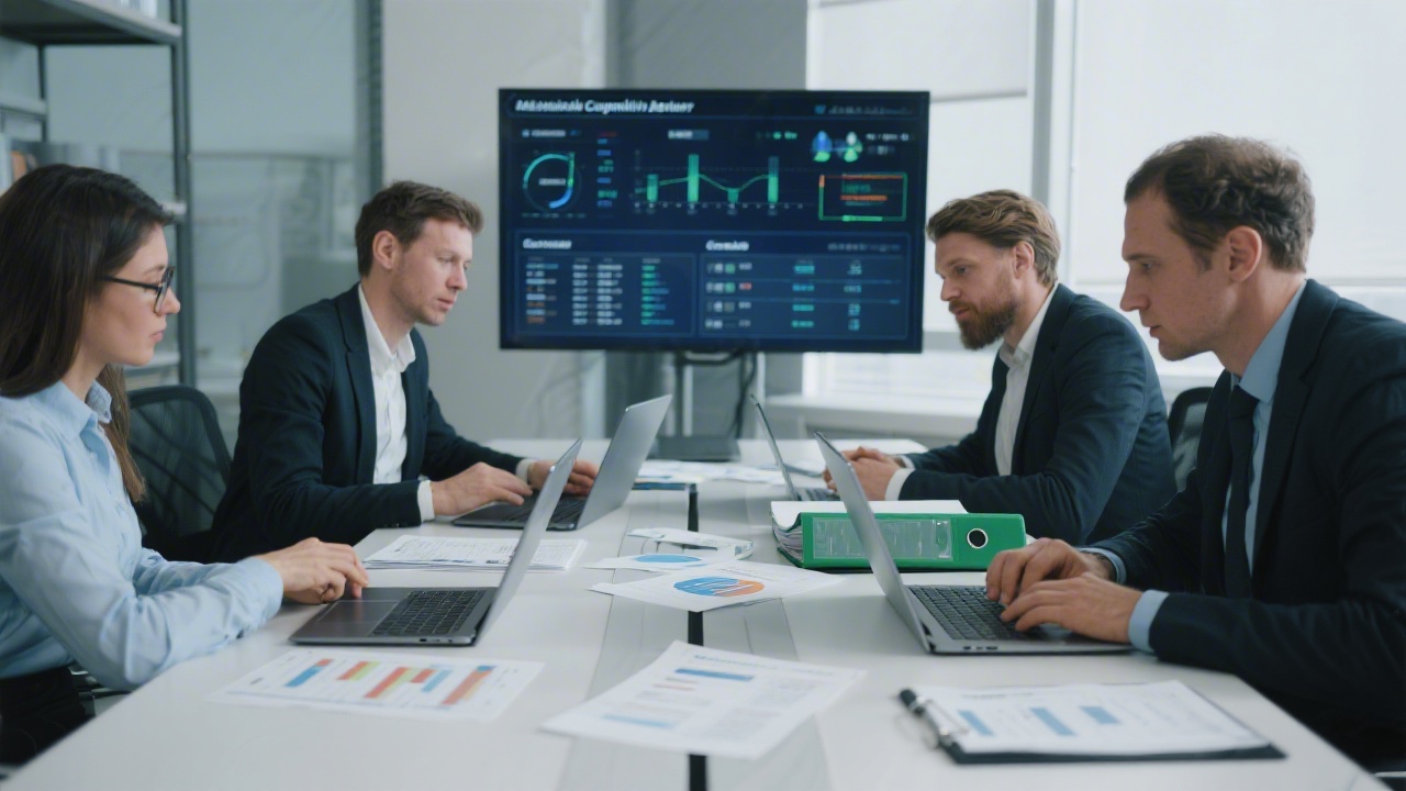 Professionals in a modern conference room reviewing compliance binders, financial statements and audit checklists on laptops with controlled access dashboards in the background