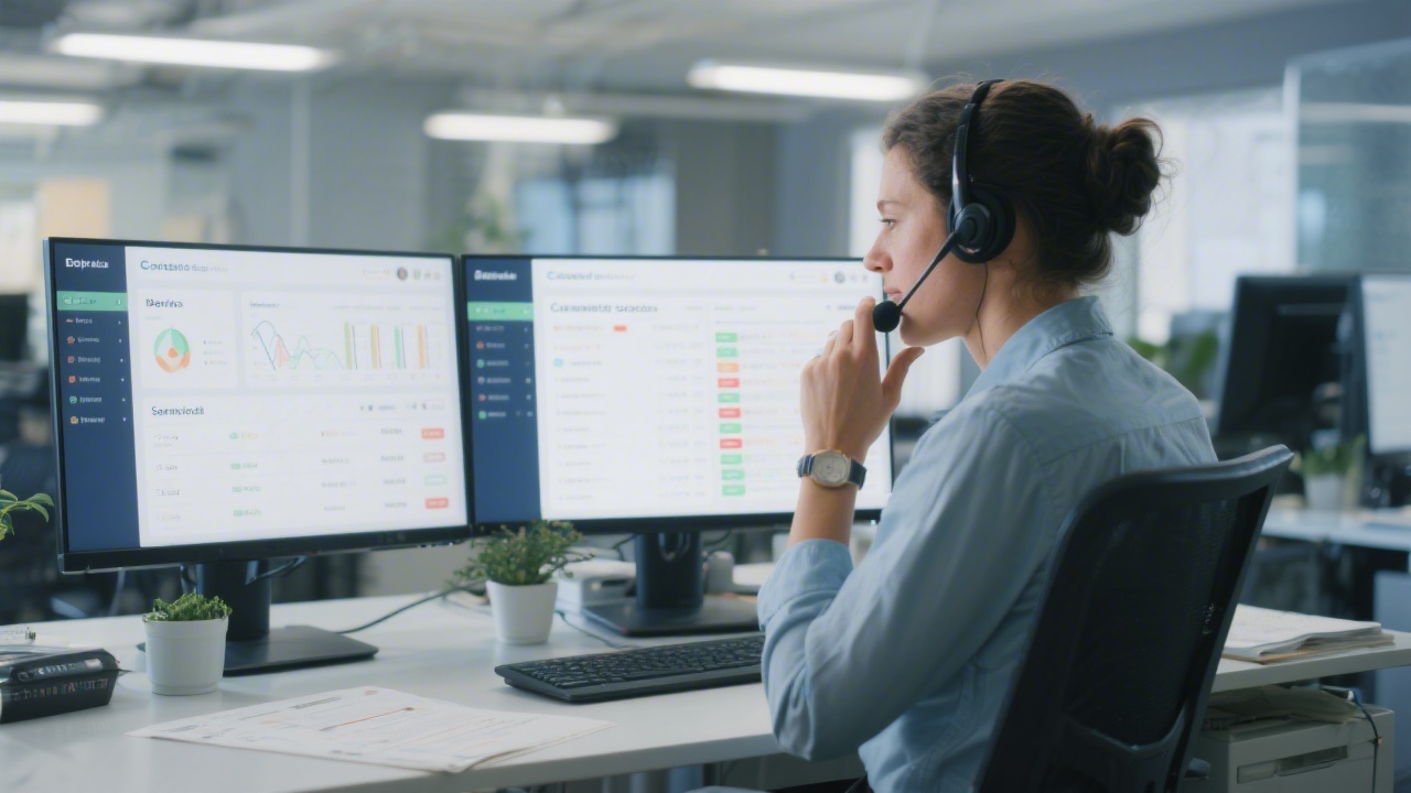 Customer success specialist in Berlin office speaking on headset while reviewing ticket priorities and service-level dashboards on two monitors against a structured workspace