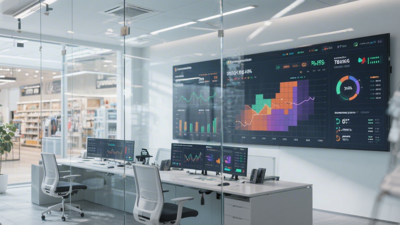 Digital command center with transparent glass dashboards highlighting retail KPIs, turnover charts, stock heatmaps and automated accounting widgets inside a bright European omnichannel store office