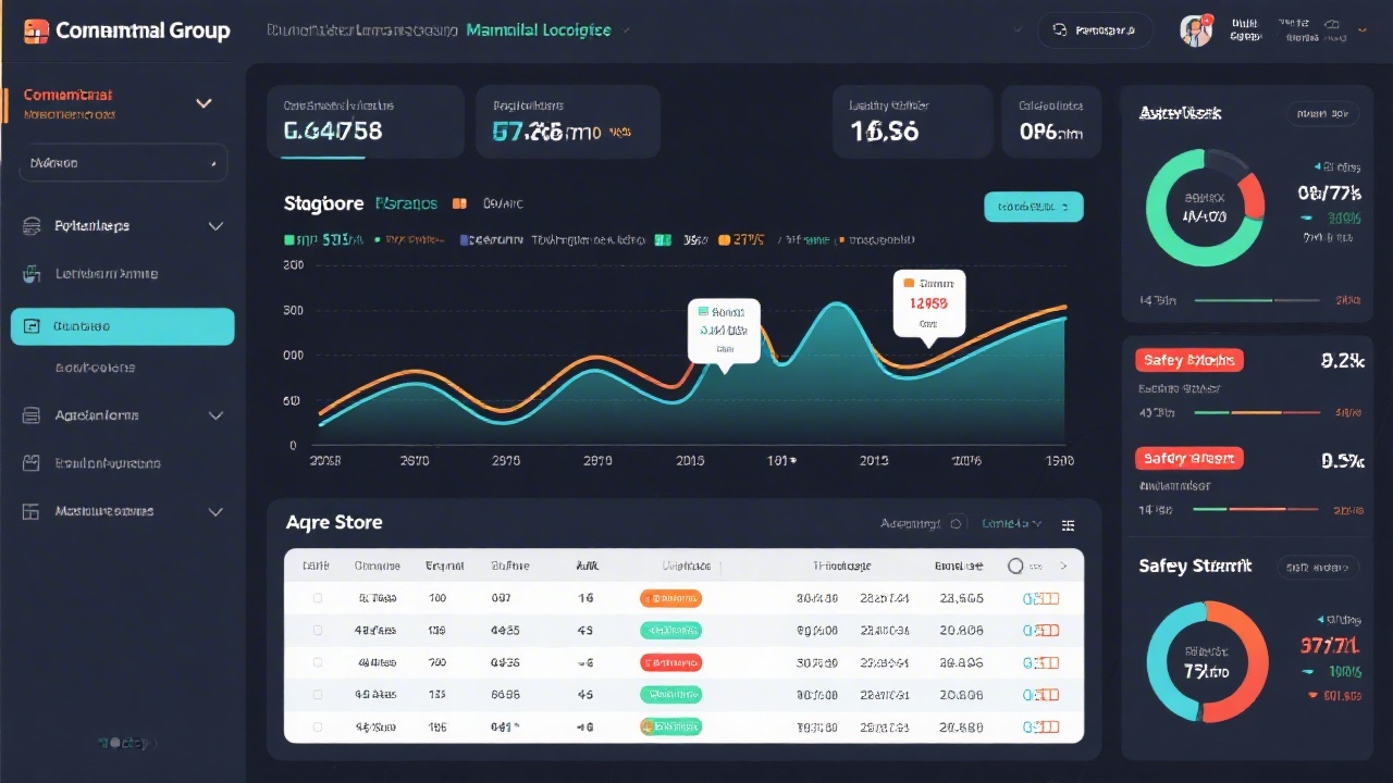 Detailed analytics screen showing trend lines, store comparison tables, safety stock alerts and margin indicators for a continental retail group monitoring multi-location performance