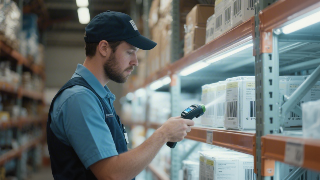 Store associate performing mobile inventory scans along illuminated shelves while synchronizing barcode data with centralized systems through a handheld scanner device