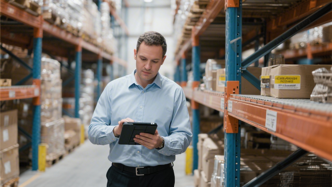 Warehouse supervisor using tablet workflow automation to control inbound deliveries, cycle counts and exception handling next to automated shelving systems