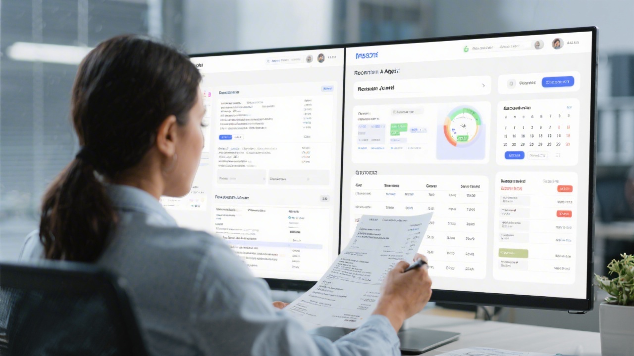 Accounting specialist validating journal entries, supplier invoices and digital receipts on a split screen with reconciliation alerts and calendared filing deadlines