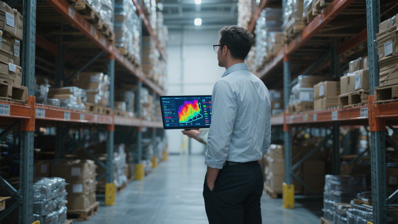 Inventory manager observing heatmap dashboards of stock coverage, reorder points and logistics routes while standing between neatly arranged distribution racks