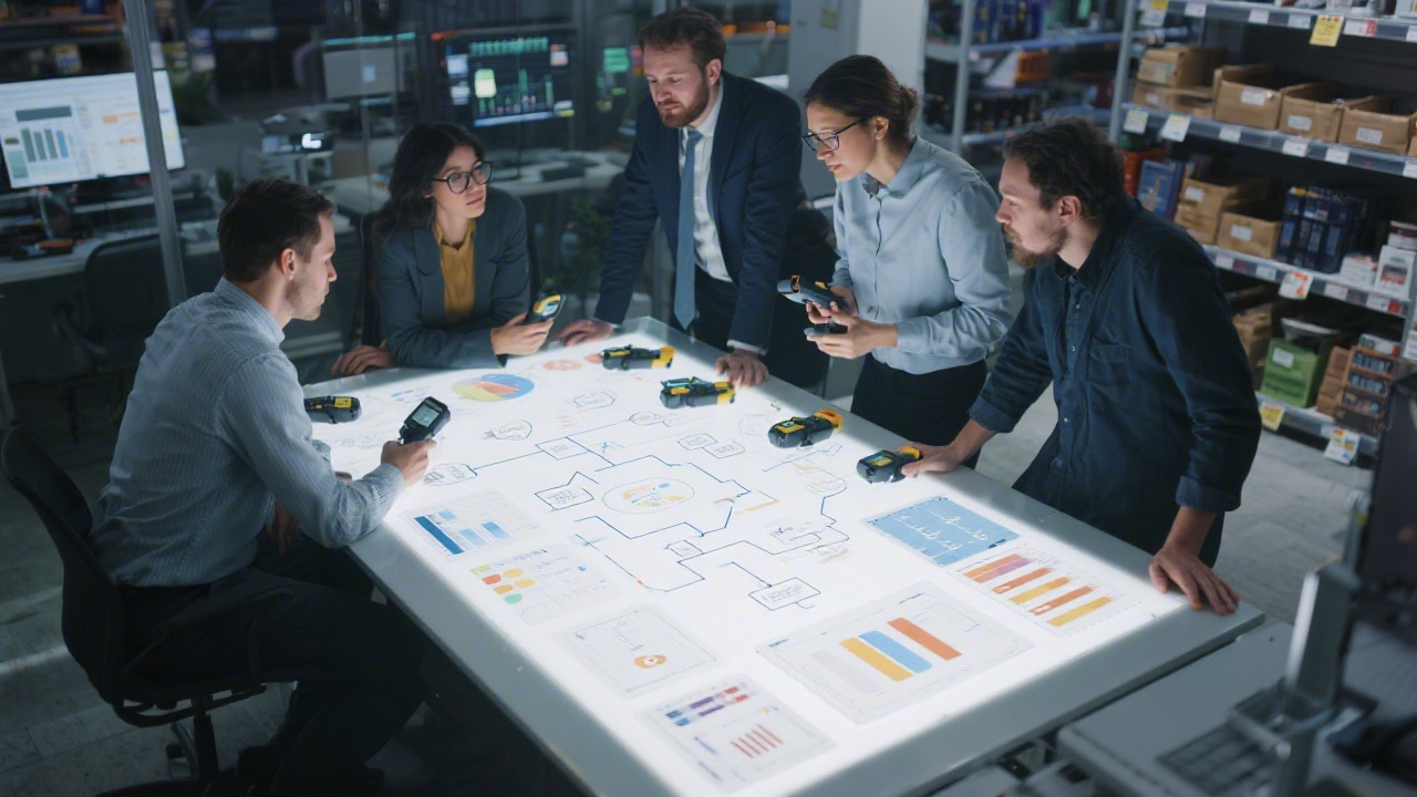Small interdisciplinary retail analytics team collaborating around a light table covered with process maps, stock accuracy charts and handheld scanning devices